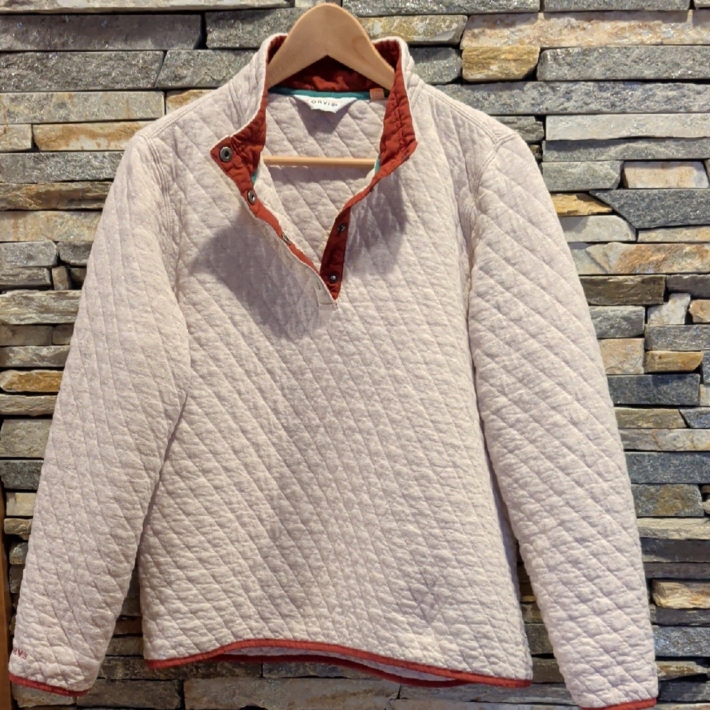 Quality Orvis Quarterzip In Quilted Tan Color, Rust Color Accents. Size L